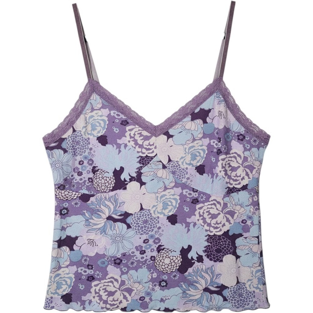 Purple Floral Camisole XL Lace Trim Y2K Fairycore Babydoll Top Dainty Feminine